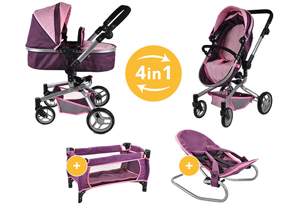 Poppenwagen-buggy, bedje en wippertje.