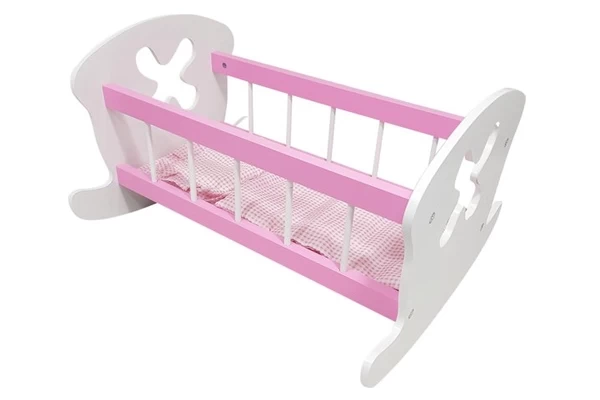 Houten poppenbedje wit-roze