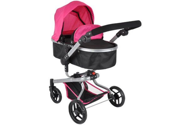 Zwarte poppenwagen met roze details.