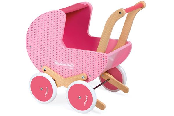 Prachtige roze poppenwagen van Janod.